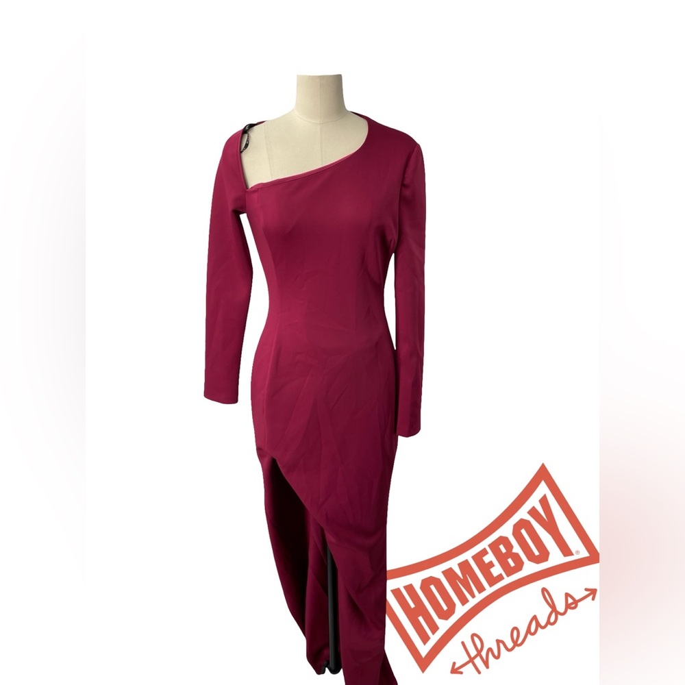 Black Halo One-Shoulder Long Sleeve Asymmetric Midi Dress in Berry